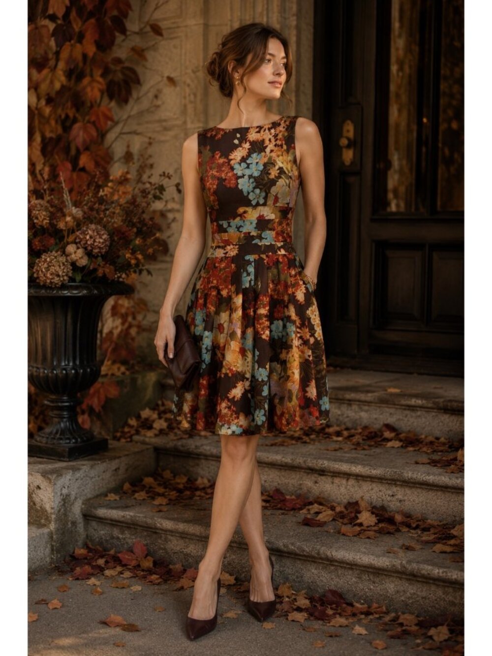 Kay Unger New York Wool Silk Floral Fit & Flare Dress Brown Blue Size 6